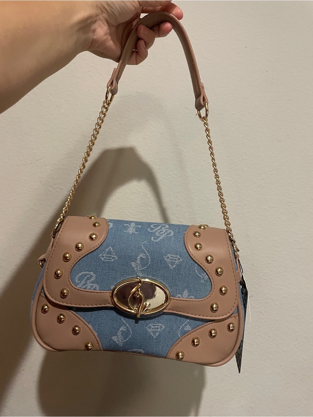 Women’s Pink Trim Denim Baby Phat Shoulder Bag with Gold Hardware